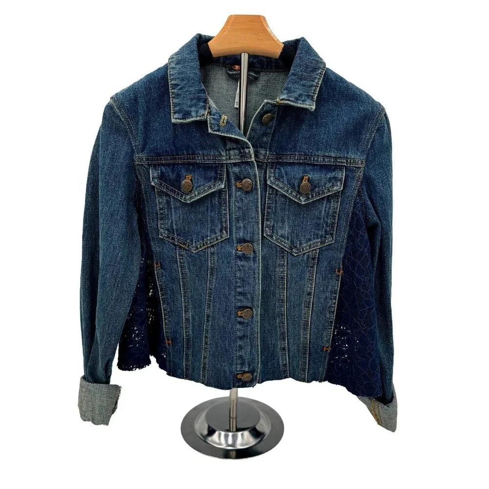 Free People Denim Jacket Lace Side Panel Medium Wash Cropped‎ Trucker Blue
